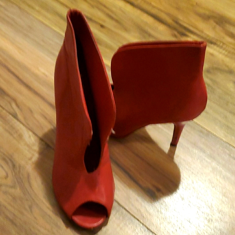 Red leather open toe booties by Yoki